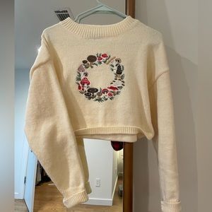 NWOT cropped cream sweater with mushroom embroidery